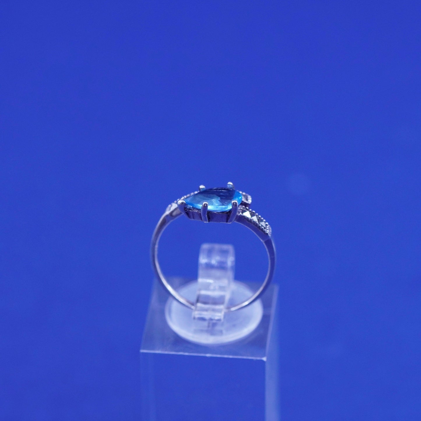 Size 7.75, Sterling silver handmade ring, 925 band teardrop topaz marcasite