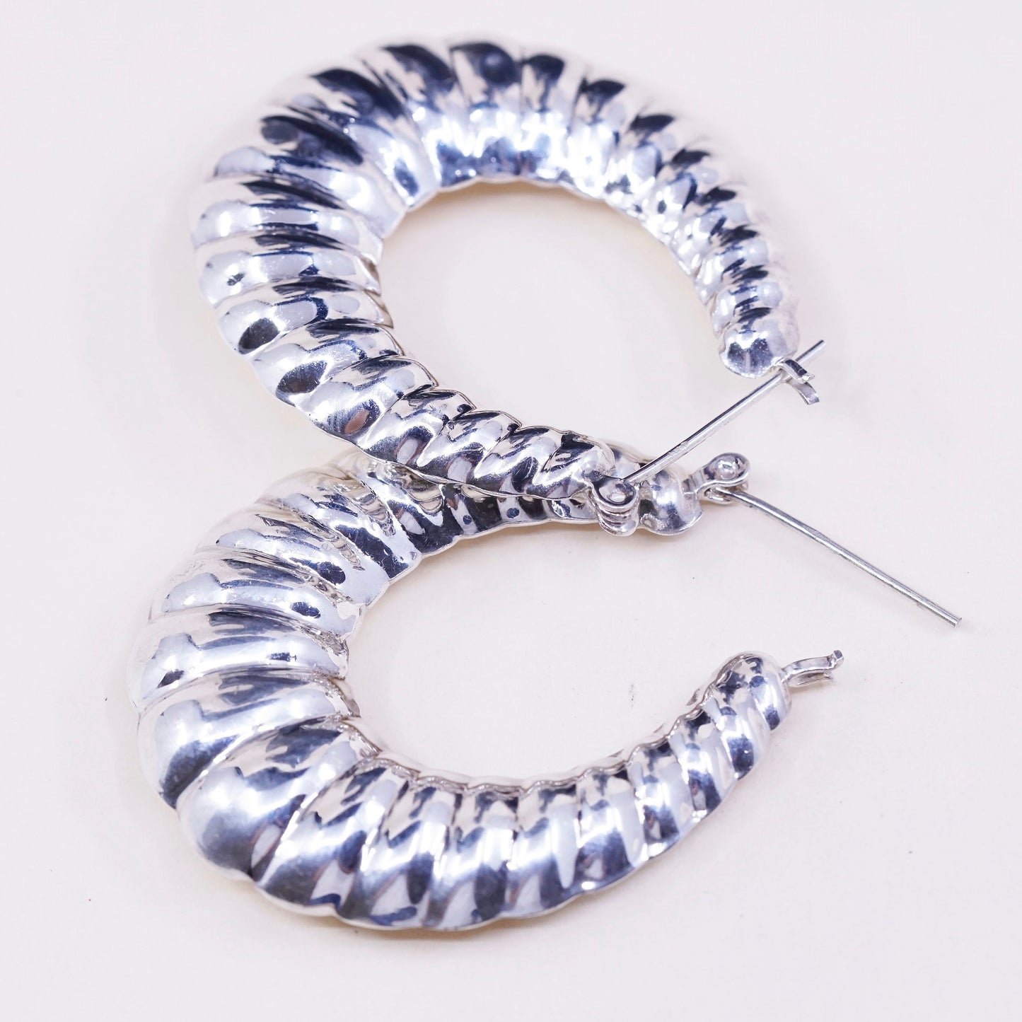 1.75”, vtg sterling silver loop earrings, primitive Ribbed puffy hoops, huggie
