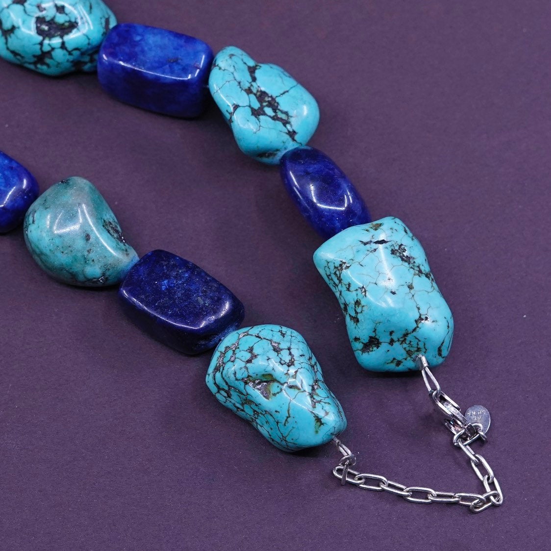 20+2”, Sterling 925 silver handmade necklace w/ nugget turquoise sodalite beads