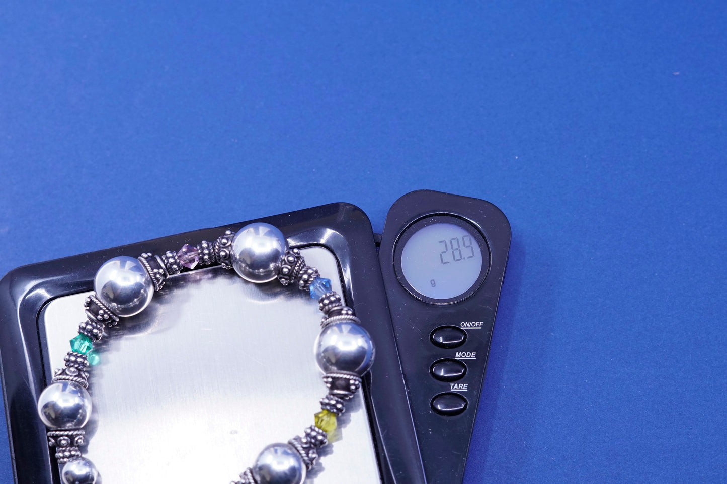 7.75”, vintage sterling 925 silver handmade bracelet with crystal beads