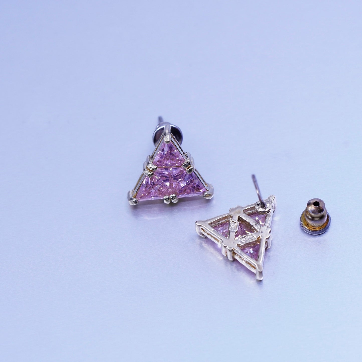 vermeil gold filled Sterling 925 silver triangular earrings, studs w/ pink Cz