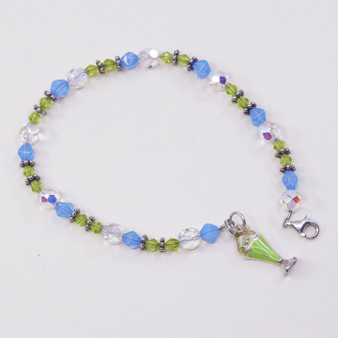 8.5", VTG Sterling 925 silver handmade bracelet crystal beads N ice cream charm