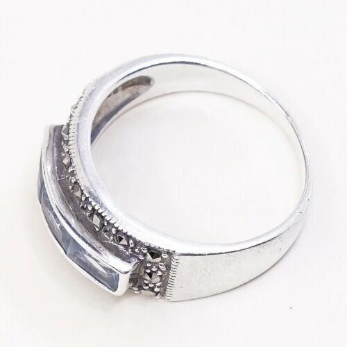 Sz 7, Sterling Silver handmade Ring, 925 Silver Band W/ sapphire n marcasite