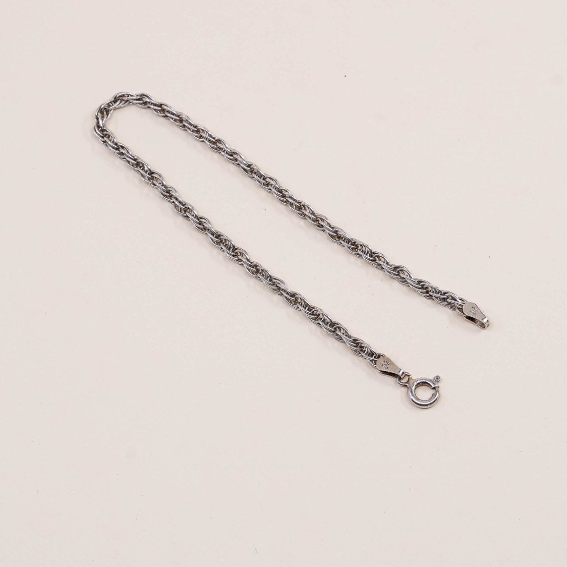 7", 3mm, Vintage sterling silver Italy rope chain bracelet, stamped italy 925