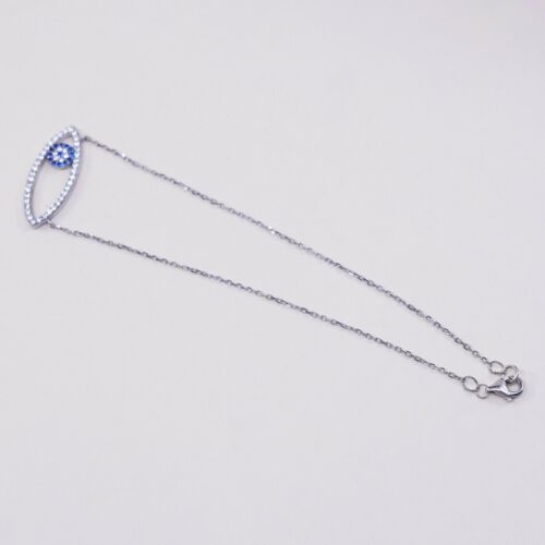 9.25” Vtg Sterling Silver Bracelet, 925 Circle Chain W/ Evil Eye N Cluster Cz