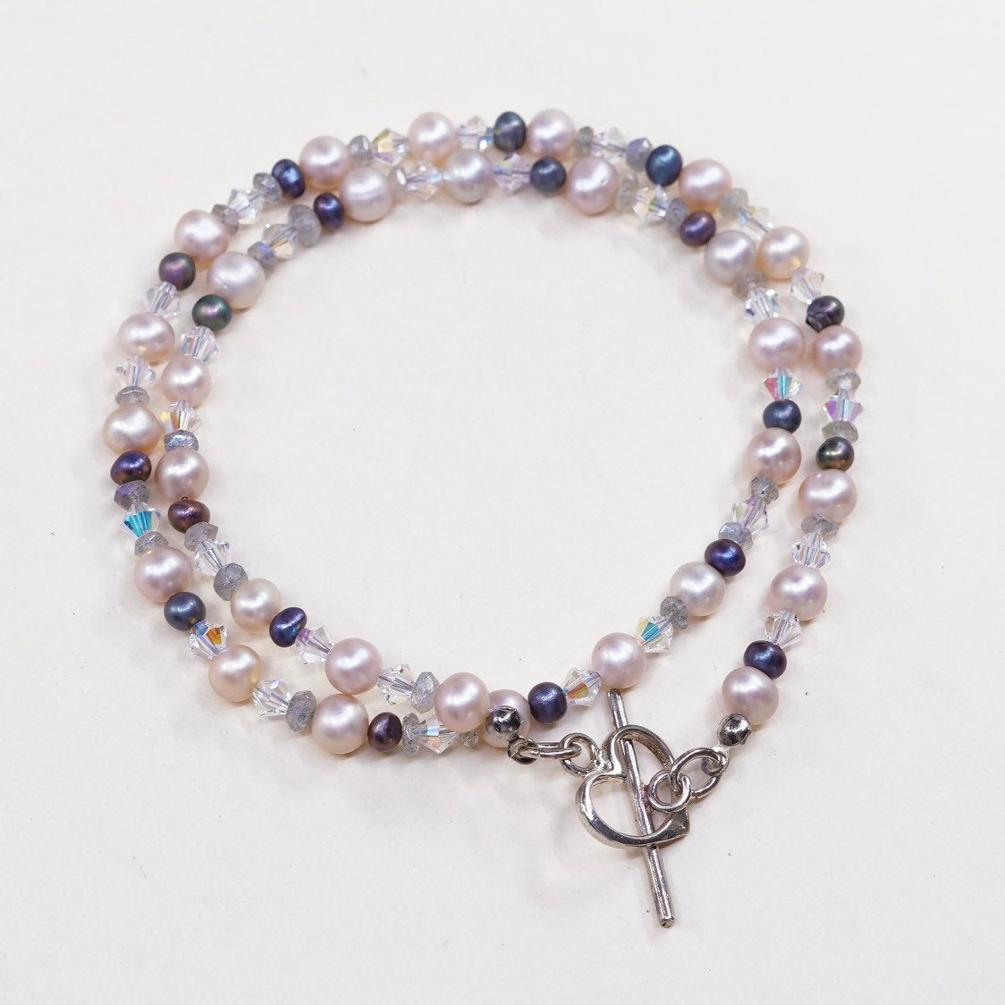 16", handmade sterling 925 silver toggle w/ genuine pearl n crystal necklace