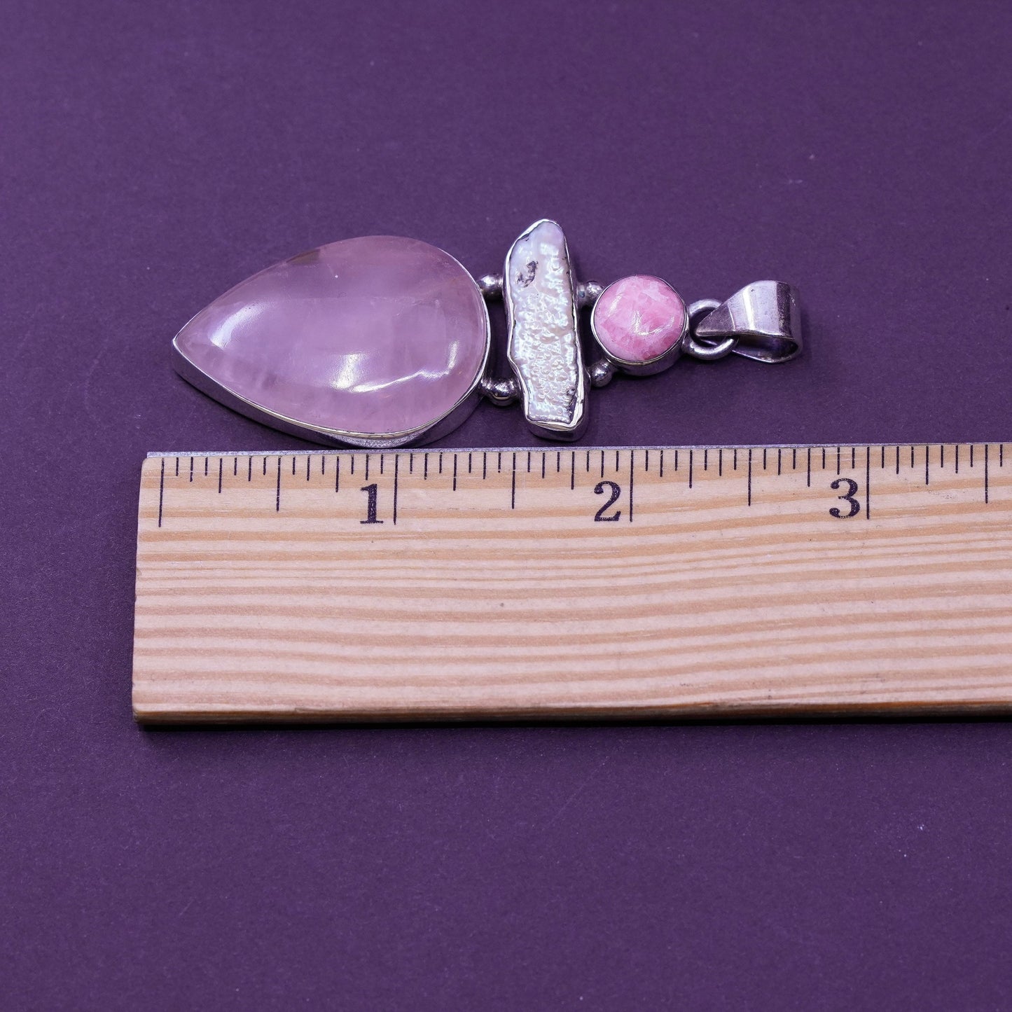 Vintage sajen Sterling 925 silver handmade pendant Rhodonite pearl teardrop