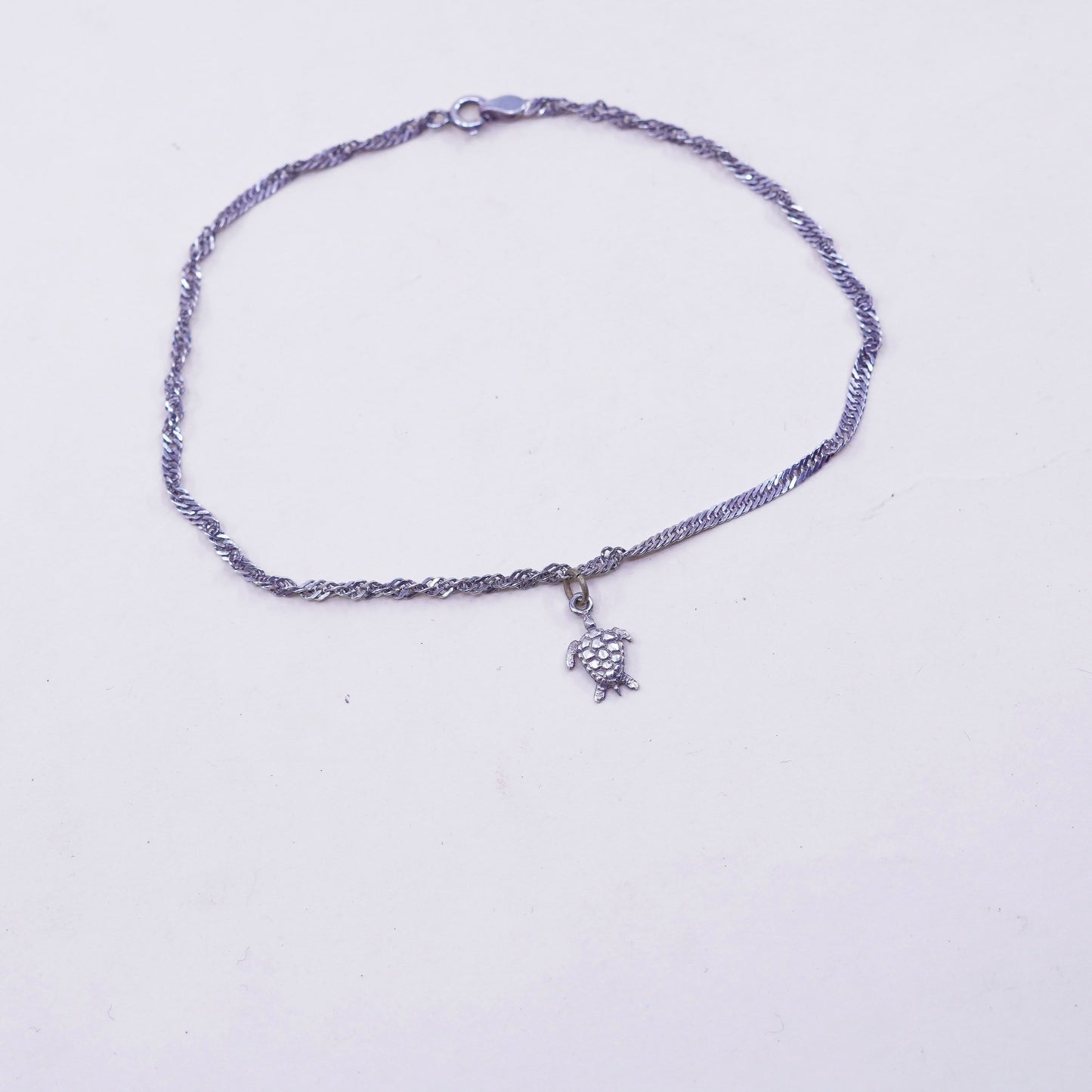 10”, vtg sterling silver bracelet, 925 twisted curb chain anklet turtle charm