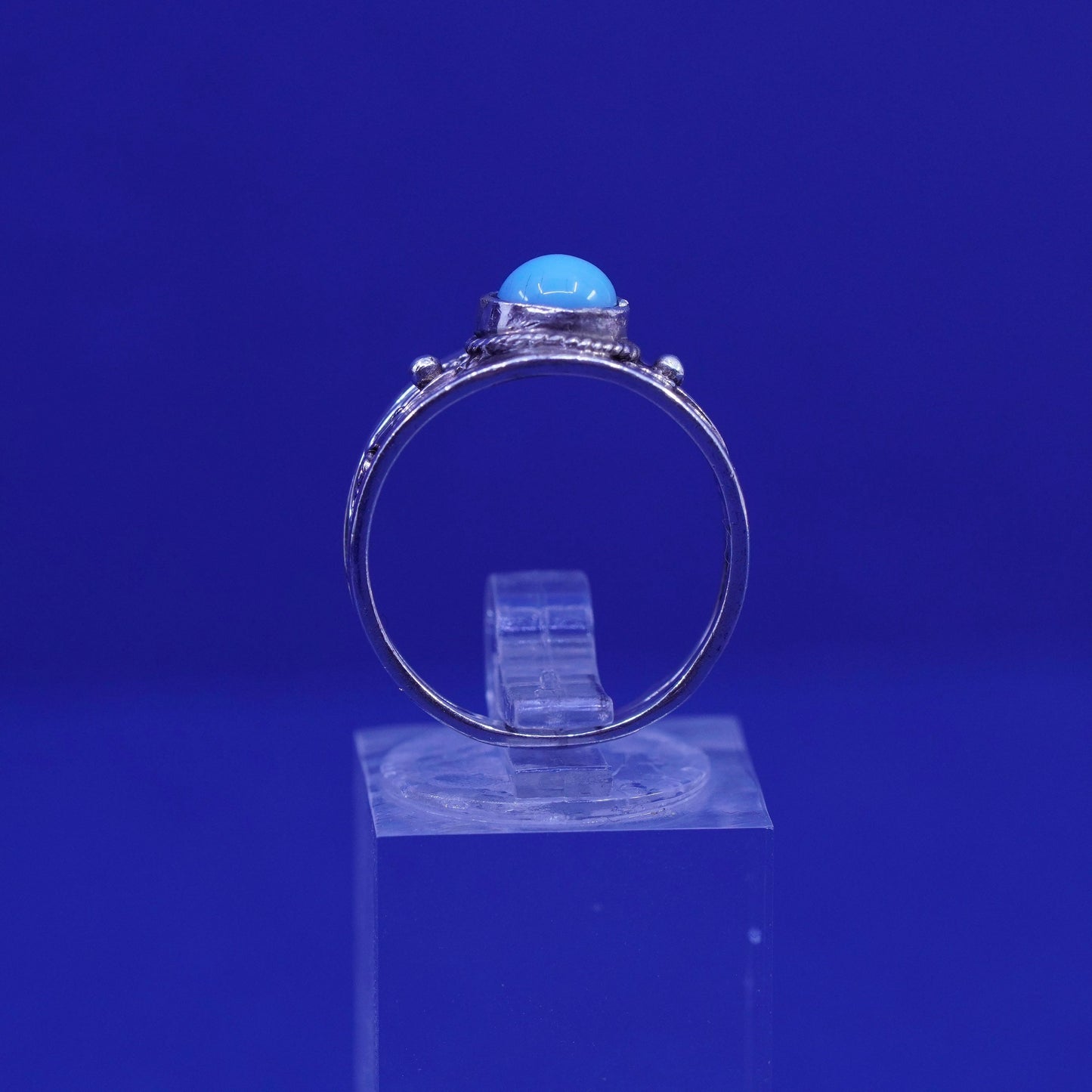 Size 7, vintage sterling silver handmade ring, 925 filigree band with blue onyx