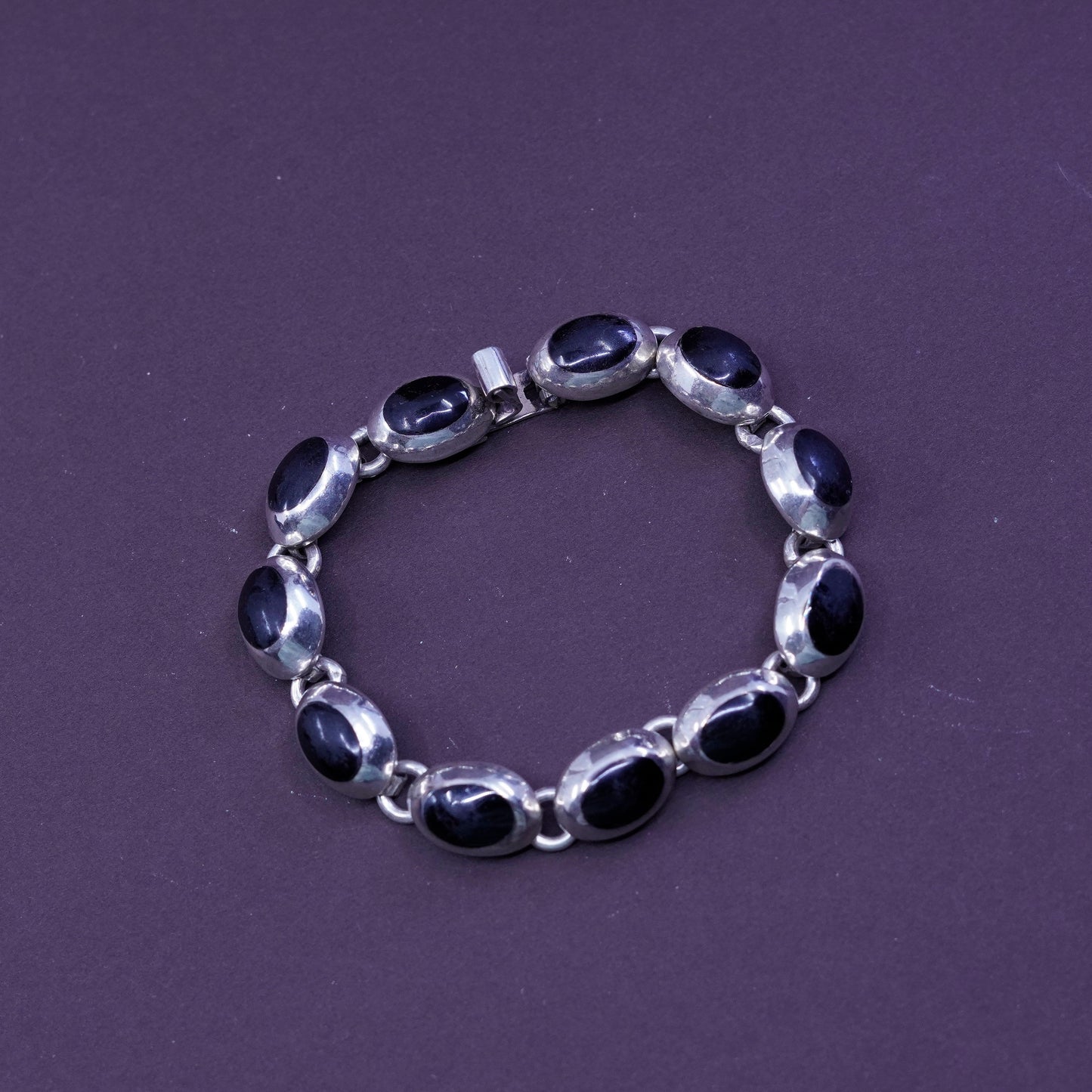 7”, vintage Sterling silver handmade bracelet, Mexico 925 with oval obsidian