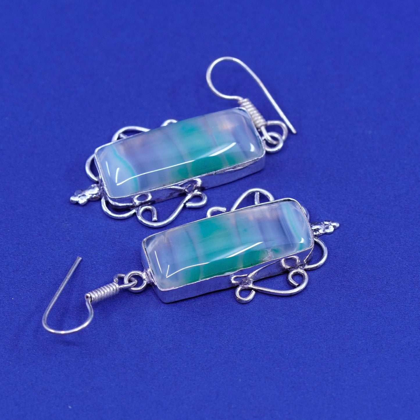 Vintage sterling silver handmade filigree earrings with rectangular jade