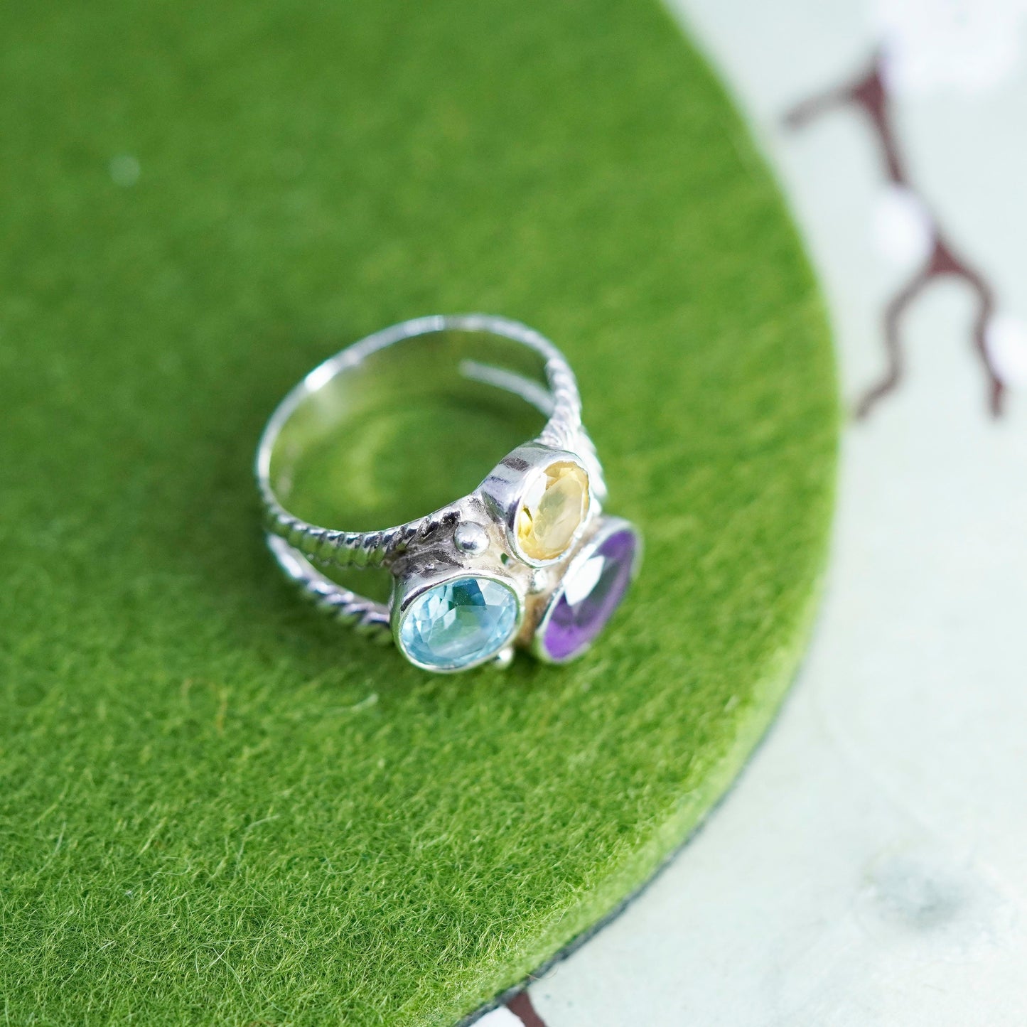 Size 6, vintage sterling 926 silver handmade ring with topaz citrine amethyst