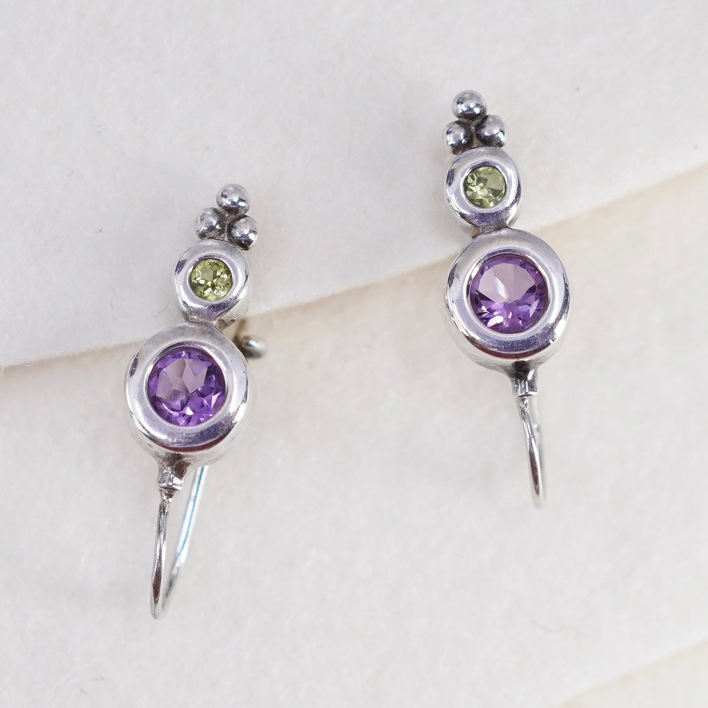 Vintage Sterling 925 silver earrings with round amethyst and peridot
