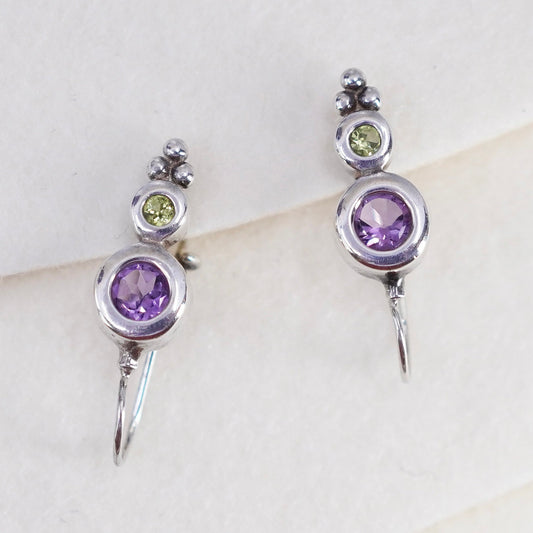 Vintage Sterling 925 silver earrings with round amethyst and peridot