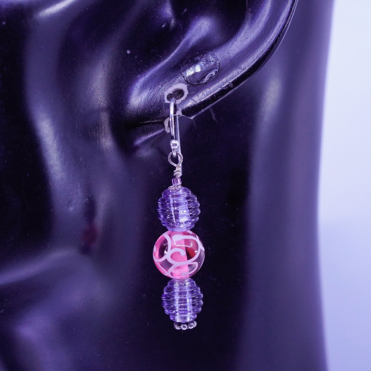 Vintage Sterling 925 silver earrings with artisan purple pink glass beads