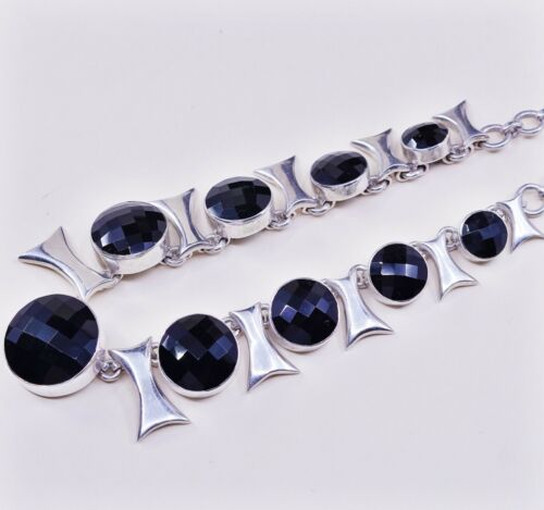18", Vtg Mexico Modern Handmade sterling 925 silver necklace W/ Checker Obsidian