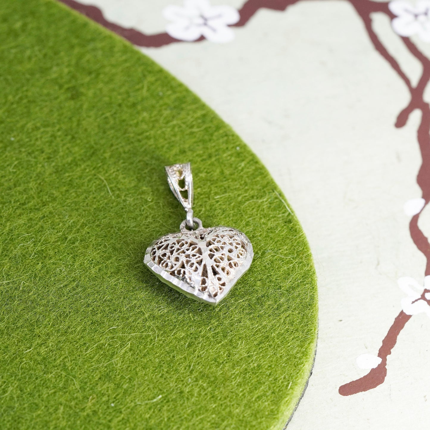 Vintage sterling silver handmade filigree pendant, 925 puffy heart charm