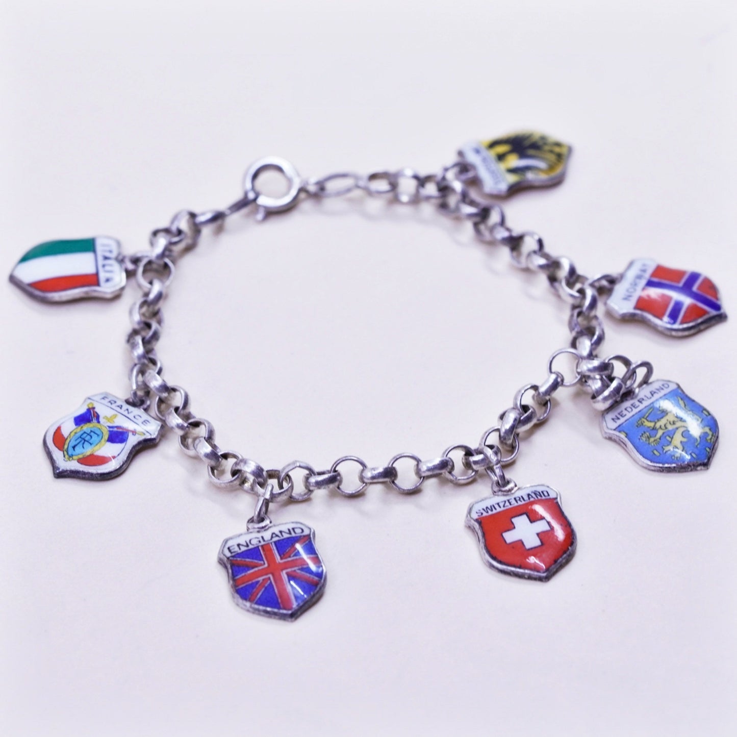 6.75”, sterling 925 silver circle chain bracelet world traveler 835 danish flag
