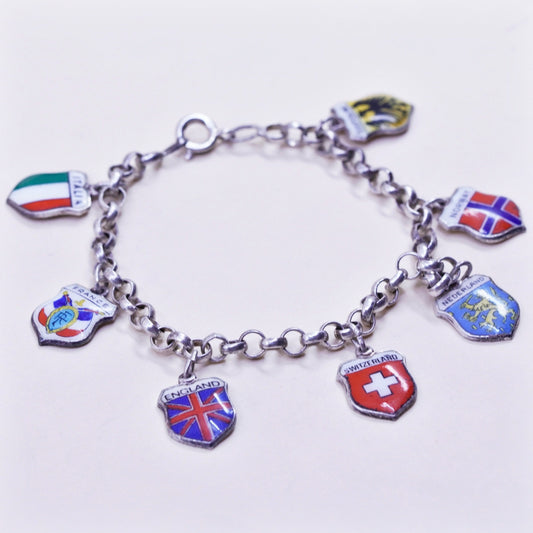 6.75”, sterling 925 silver circle chain bracelet world traveler 835 danish flag