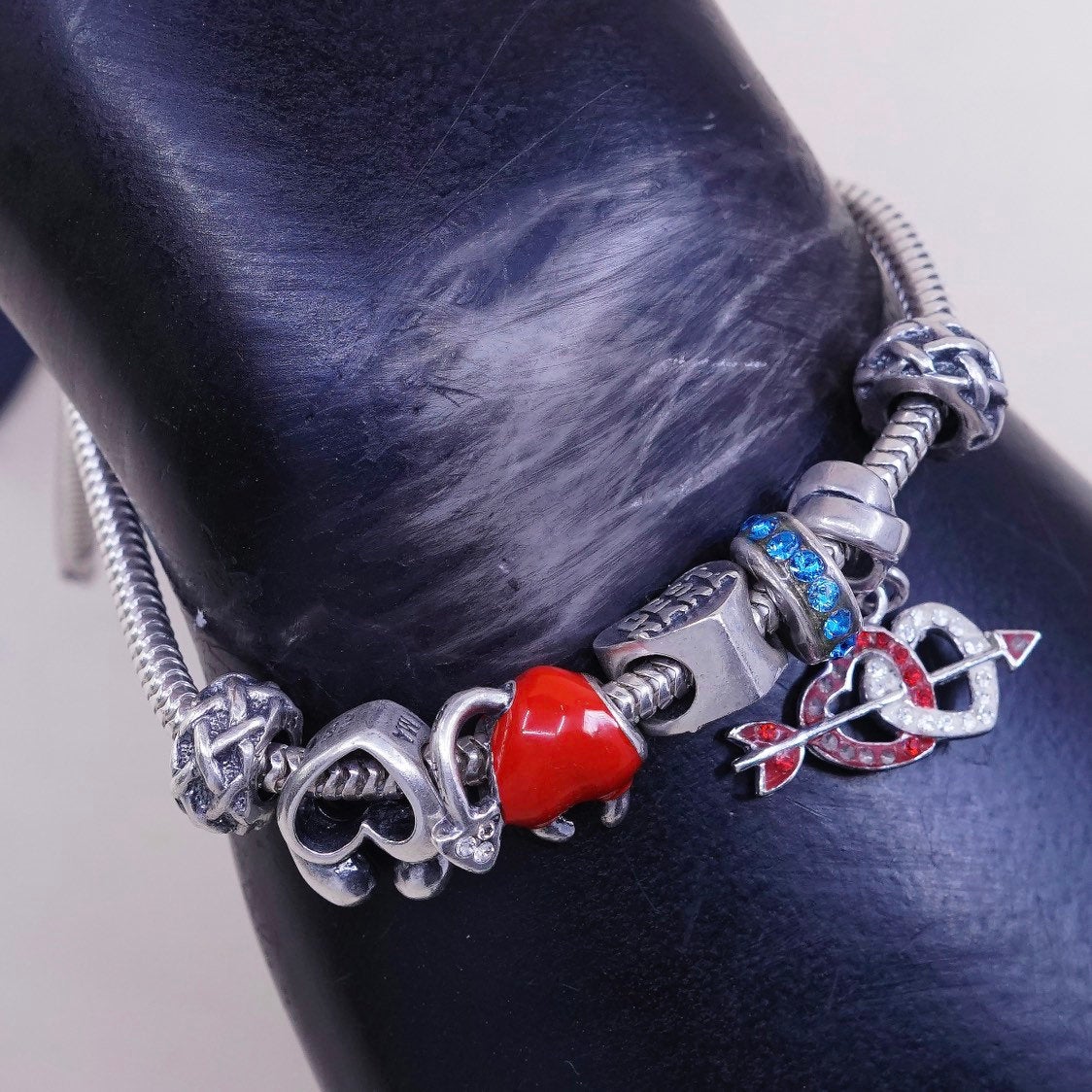 6.75" 3mm, VTG Sterling silver bracelet, 925 bold snake chain, w/ 7 charms