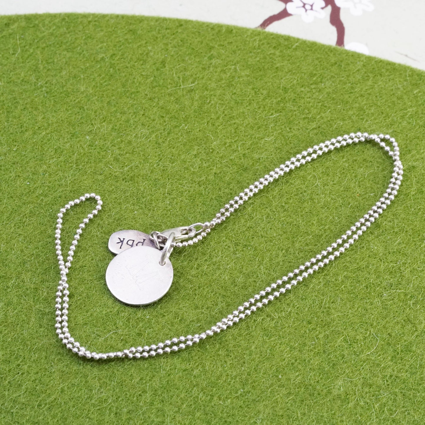 16”, Baroni sterling 925 silver handmade necklace, bead chain initial M pendant