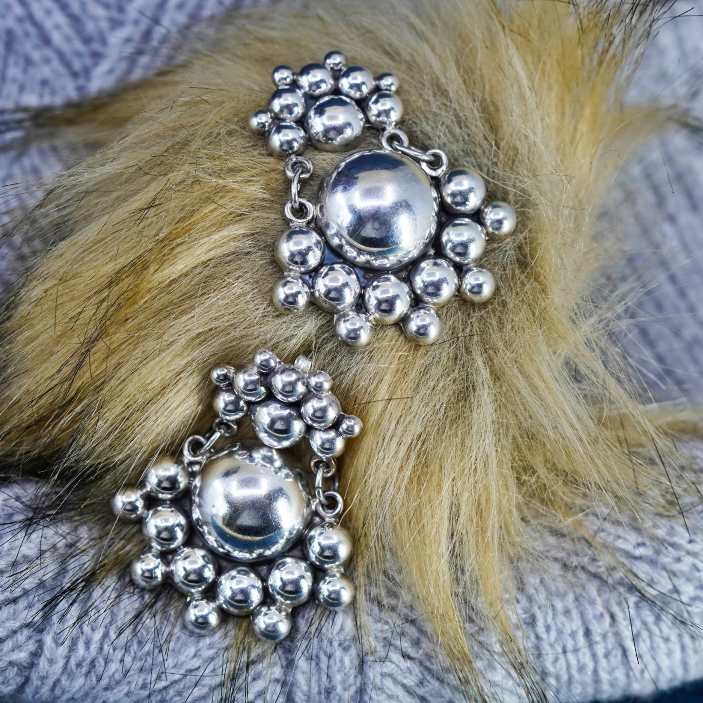 Vintage huge sterling silver handmade earrings, Mexico 925 beaded earrings