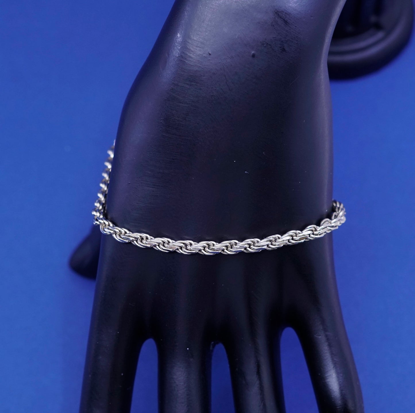 7.75”, 4mm, vintage sterling silver handmade bracelet, 925 diamond rope chain