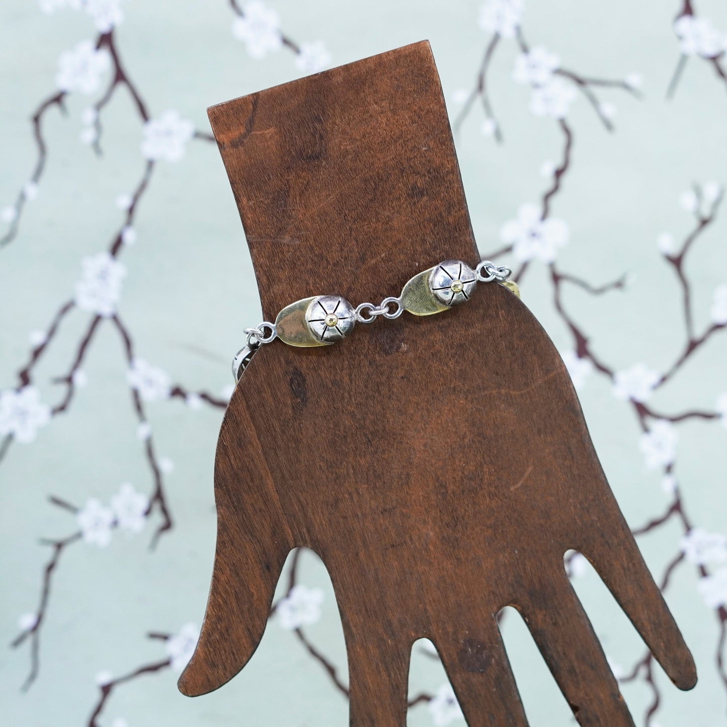 8”, vtg two tone sterling silver handmade bracelet, 925 chain baseball cap hat