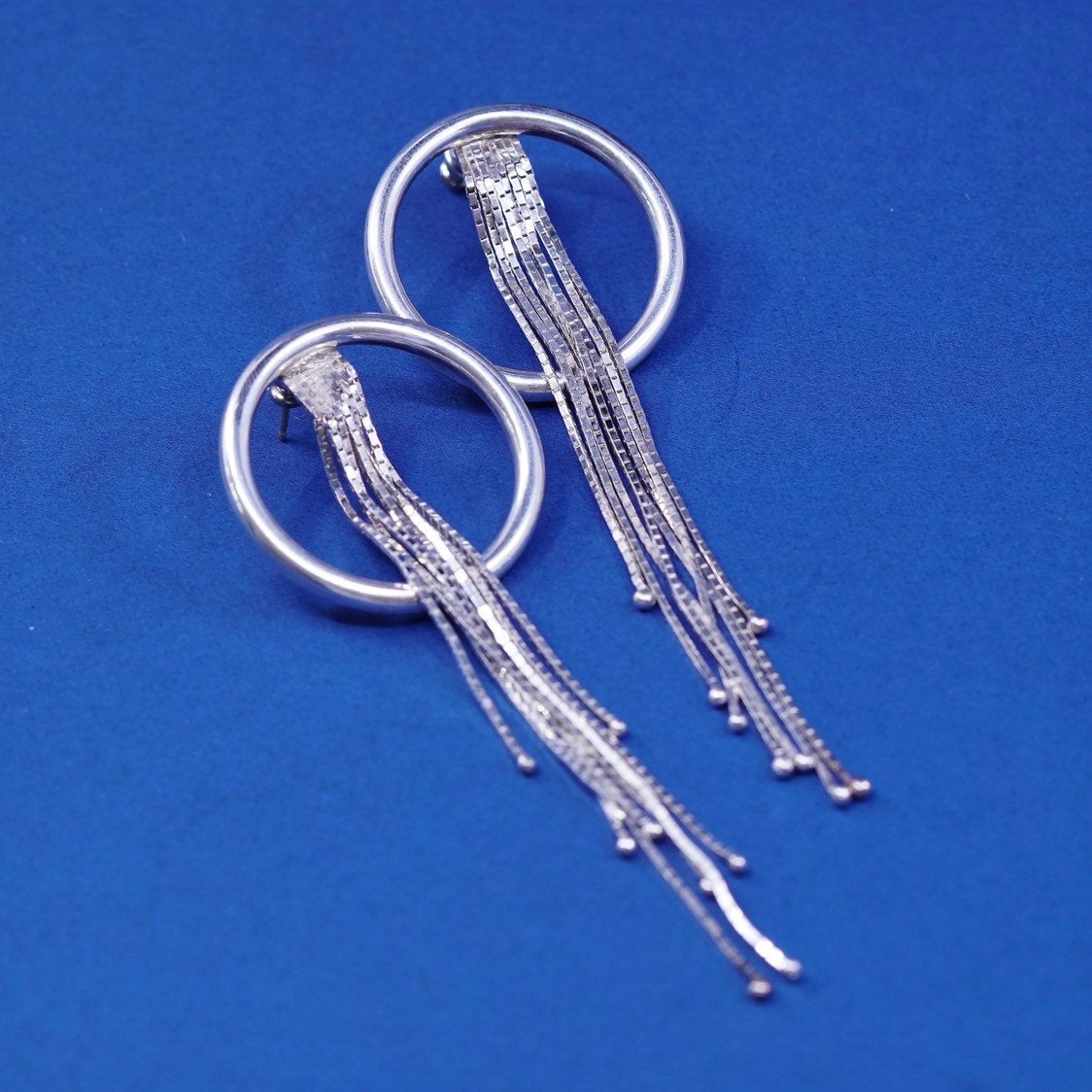 vtg Native American SH sterling silver earrings, 925 circle w/ fringe dangles