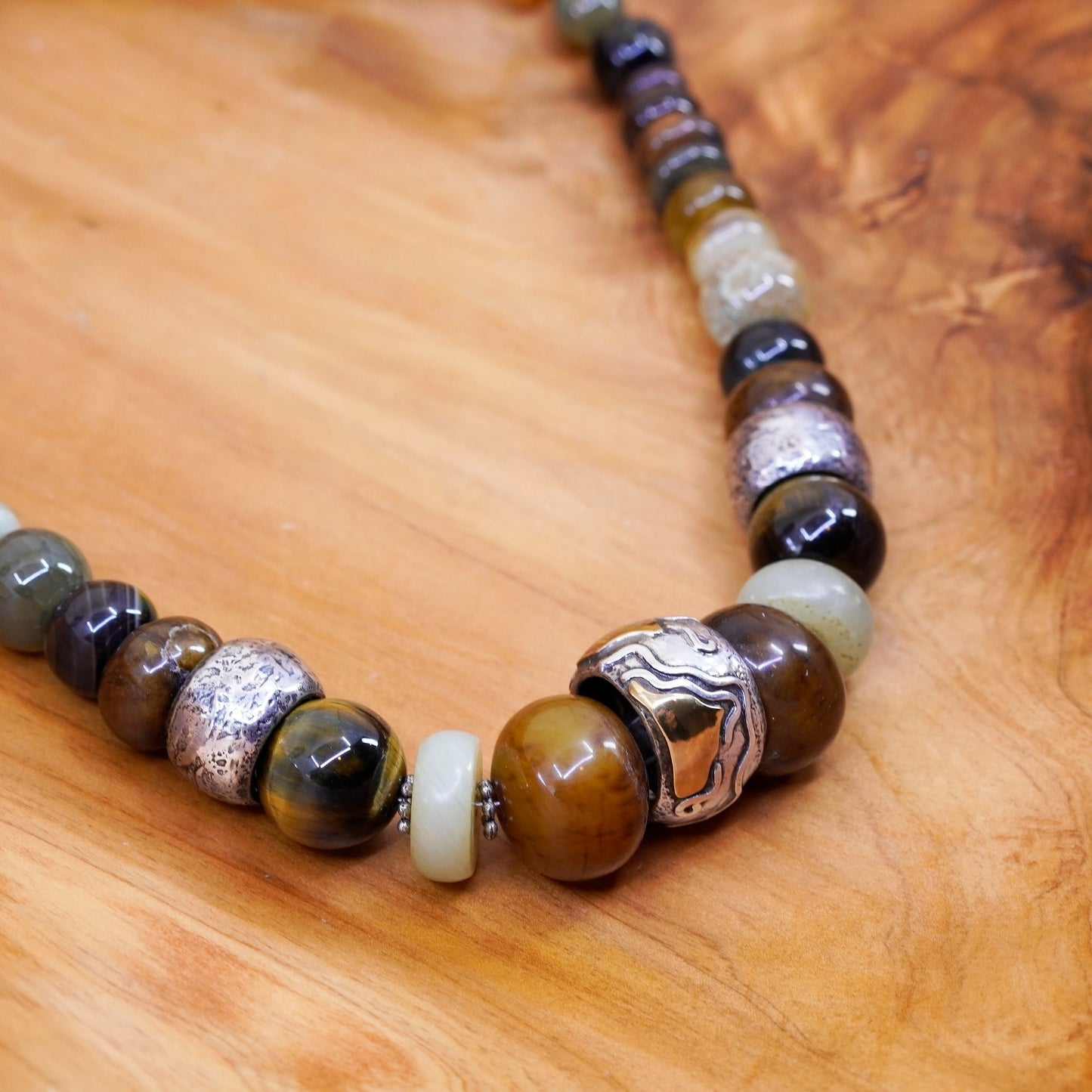 18”, vintage handmade necklace, genuine golden tiger eye, agate jade beads