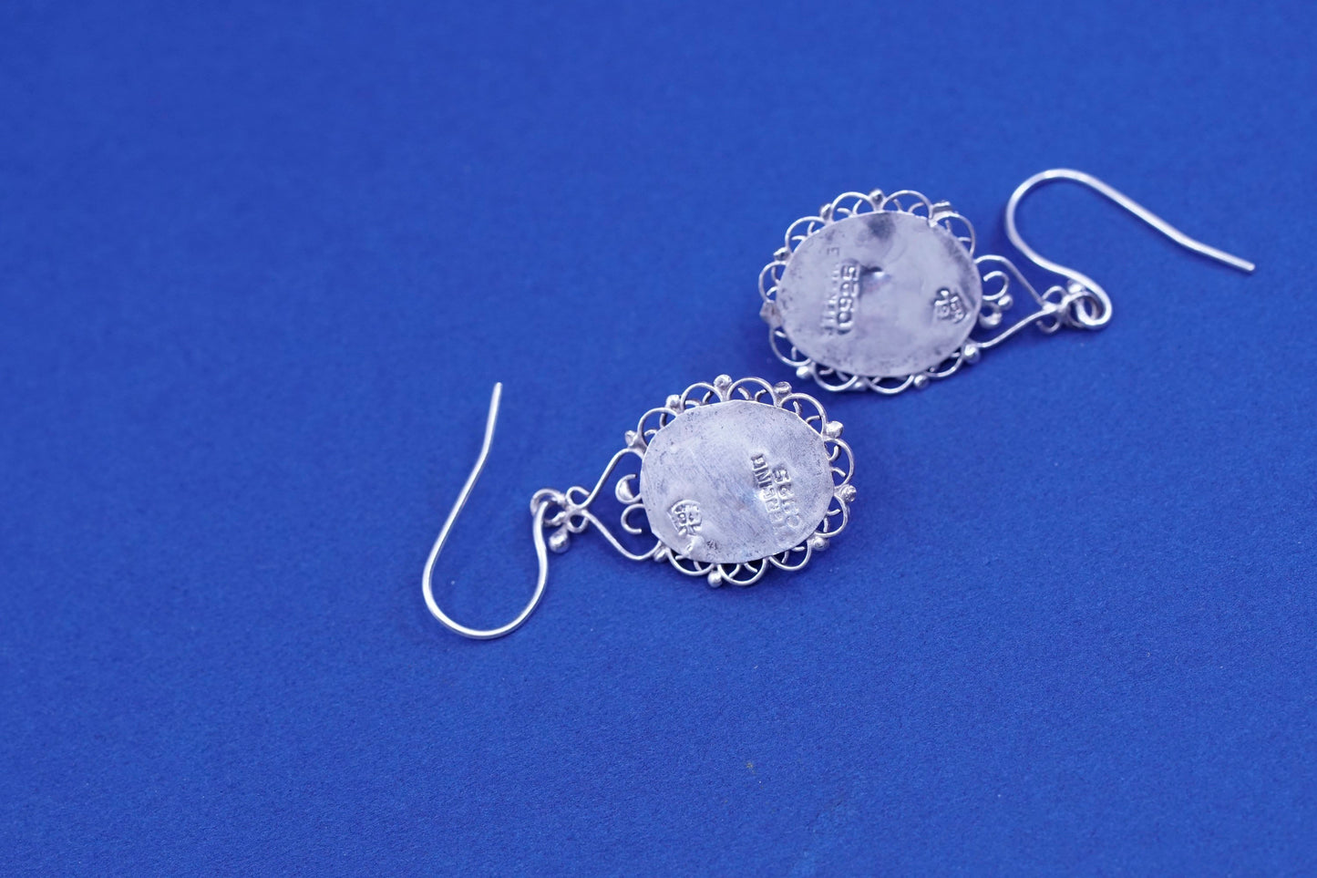 Vintage Sterling 925 silver handmade filigree earrings with oval turquoise