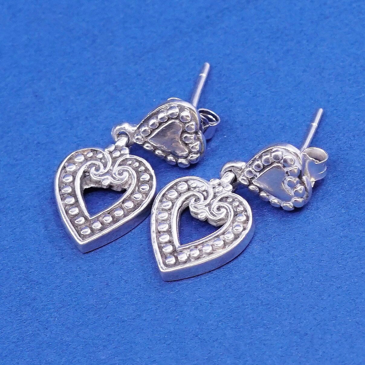 Sterling silver handmade earrings, 925 studs with heart Dangles N Beads