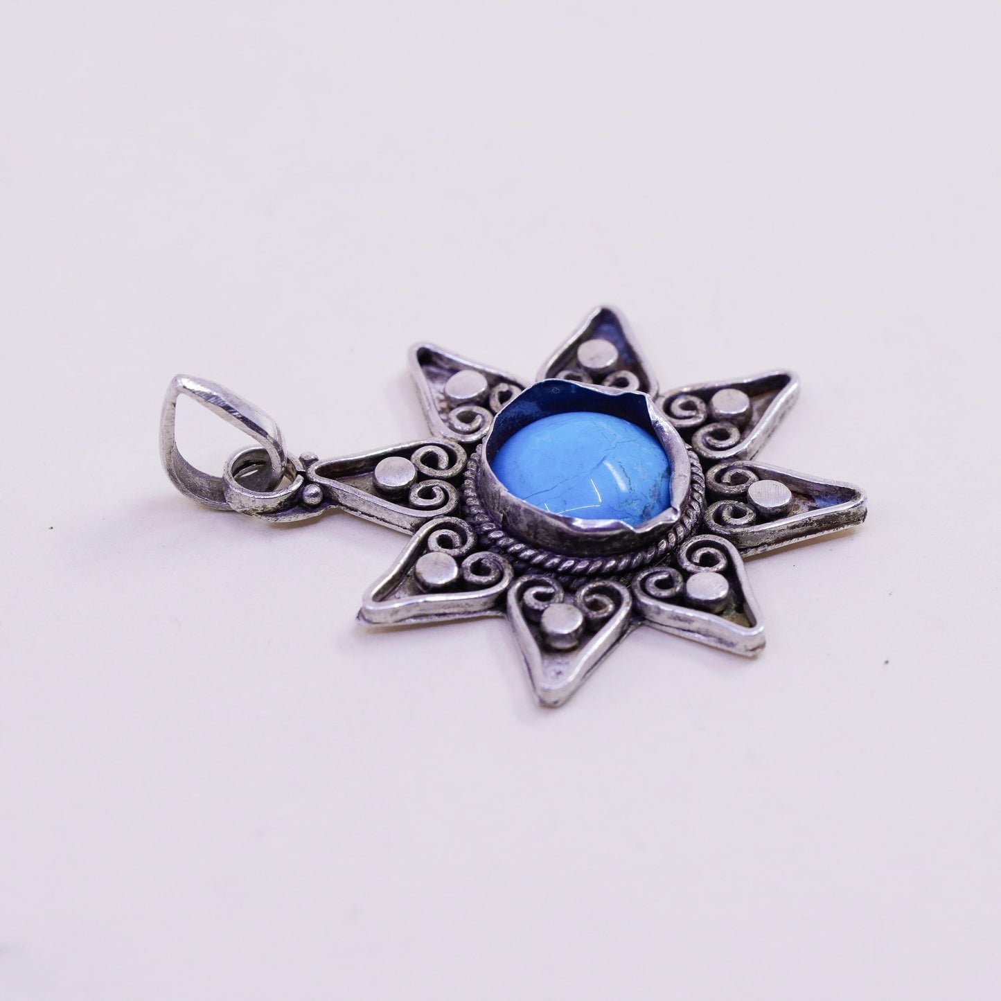 Vintage Sterling 925 silver handmade sun pendant with turquoise