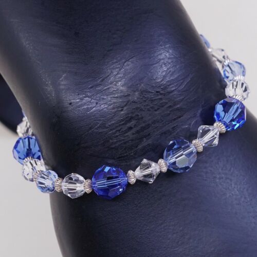 6.5”, Mexico Sterling 925 Silver Handmade Bead Bracelet, Blue Crystal beads
