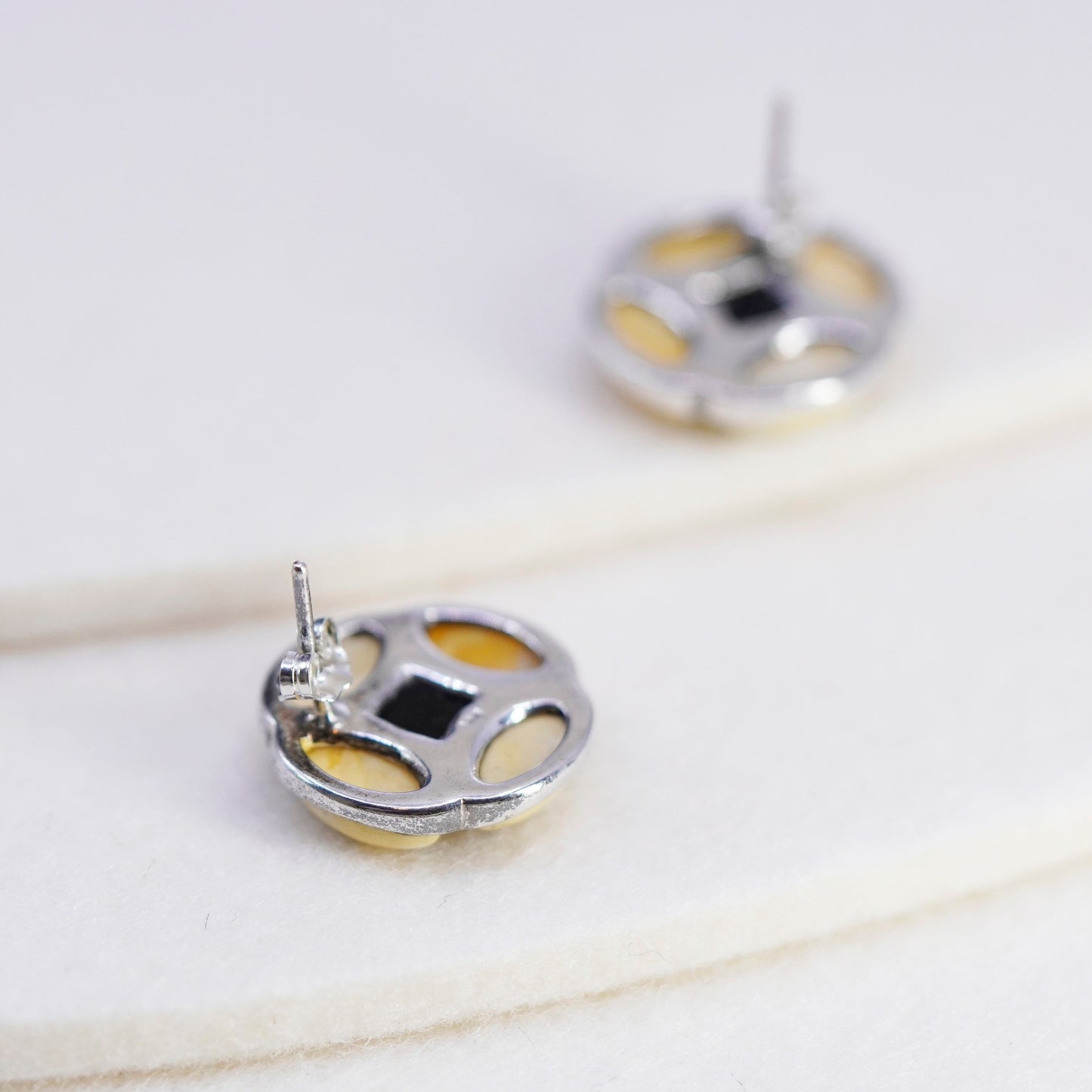 Vintage Sterling 925 silver handmade earrings, studs with Amber inlay