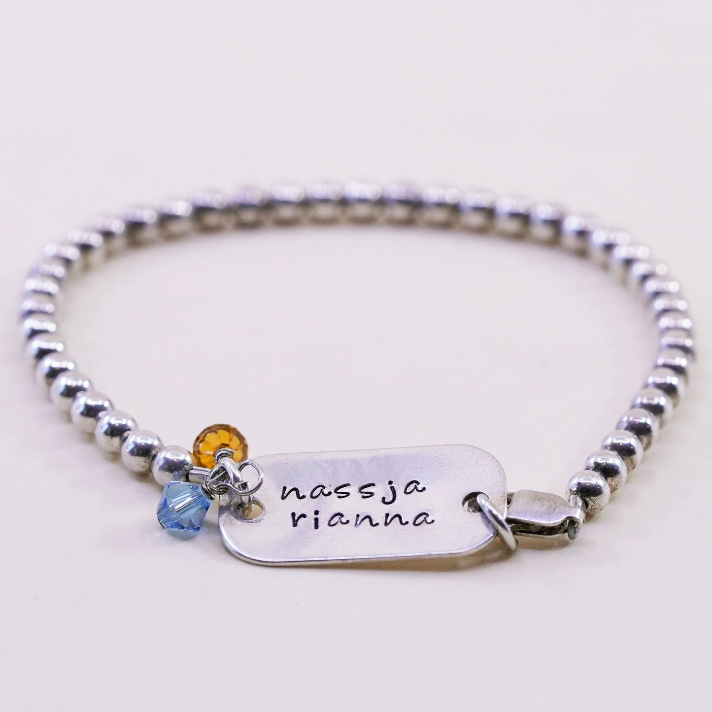 7.5” Sterling silver handmade bracelet, 925 bead chain name tag “nassja rianna”