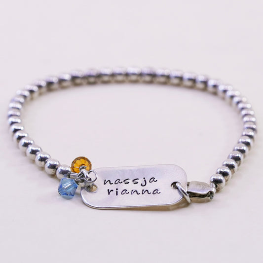 7.5” Sterling silver handmade bracelet, 925 bead chain name tag “nassja rianna”