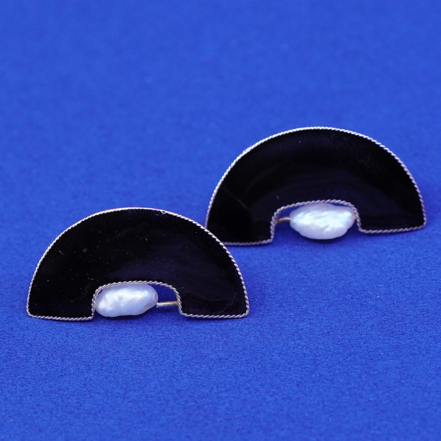 Vintage gold filled Sterling silver earrings, 925 studs pearl black enamel