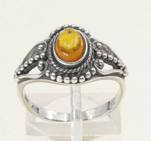 Sz 8, Orange Amber Cabochon Sterling Silver Solitaire Ring W/ Beads, Stamped 925