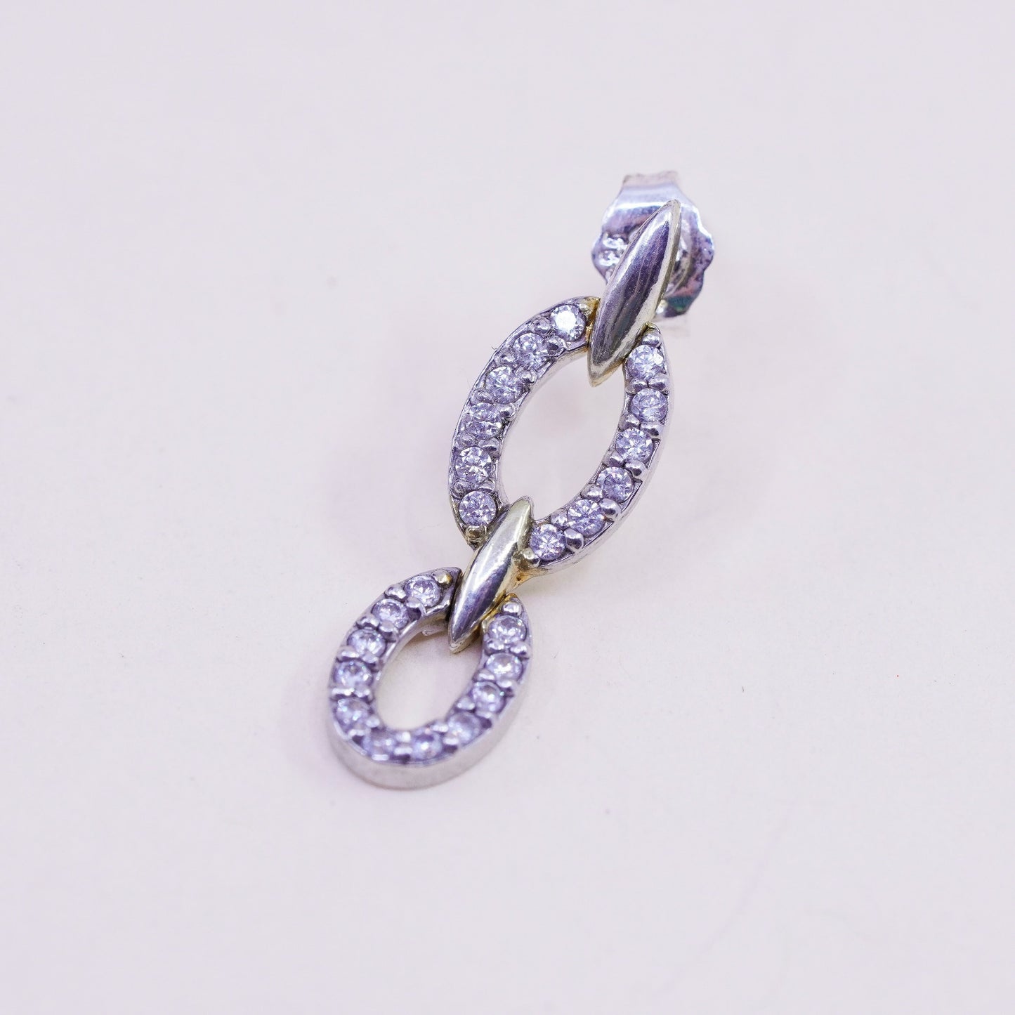 Vintage sterling 925 silver handmade oval earrings with round CZ