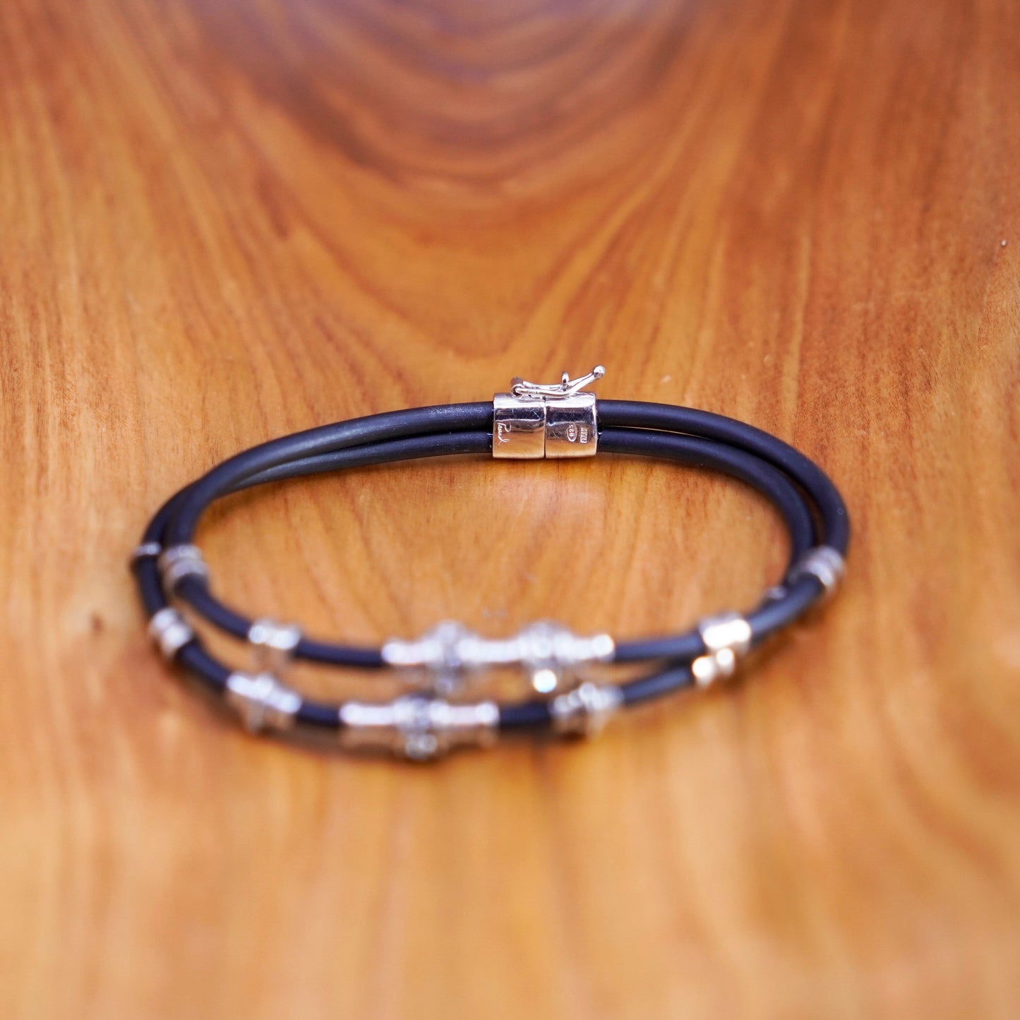 7”, double strands black rubber bracelet sterling 925 silver tube and cz charms