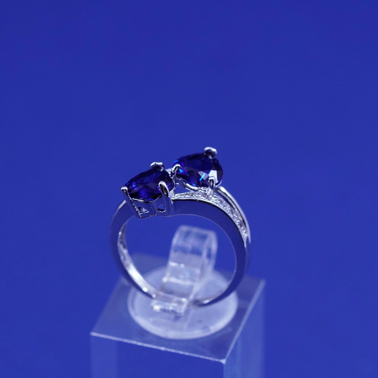 Size 6.25, Sterling 925 silver engagement ring with sapphire heart cluster Cz