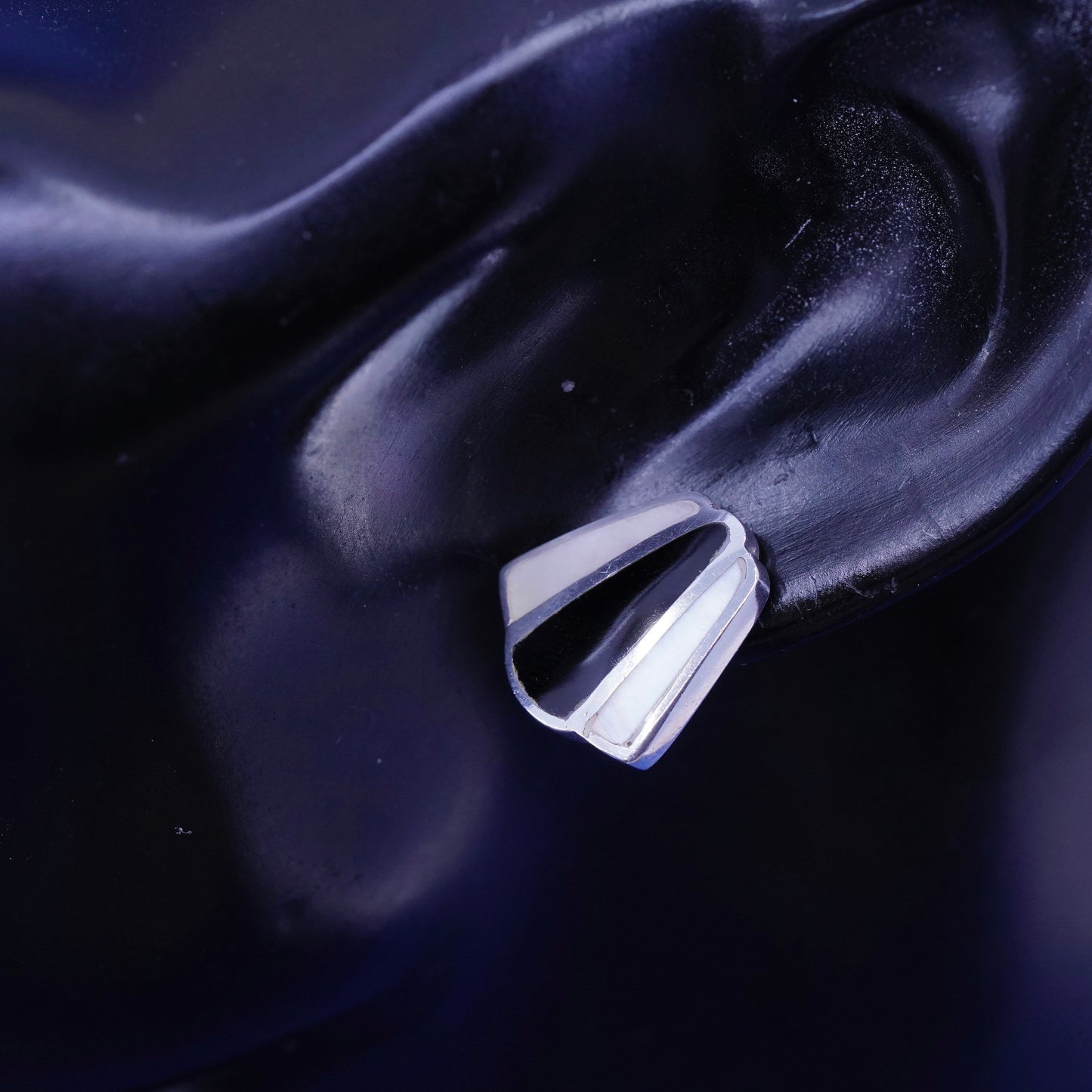 sterling silver handmade earrings, 925 studs with mother of pearl and obsidian