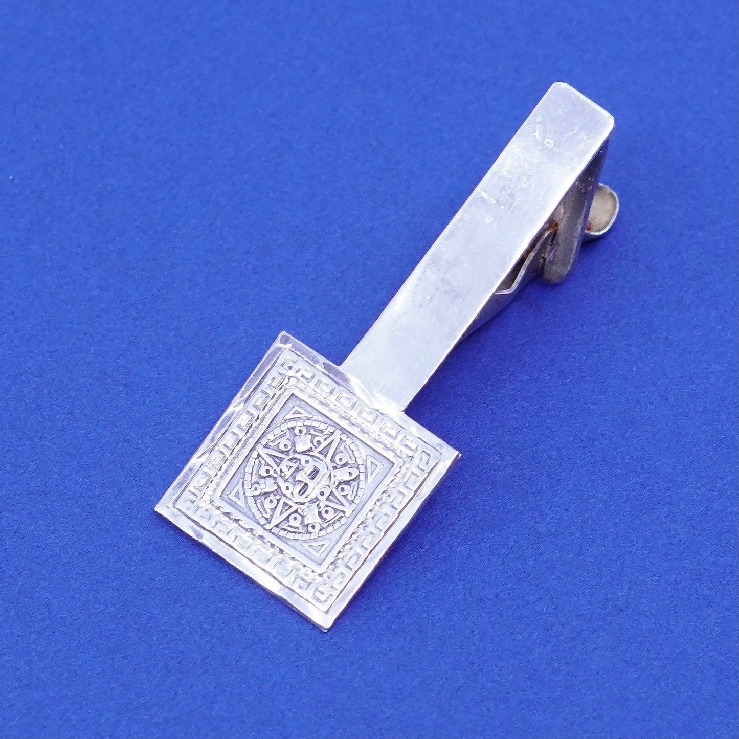 Vintage Sterling silver handmade tie clip, 925 tieclip with mayan calendar