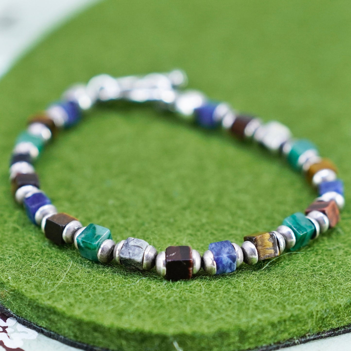 7”, sterling 925 silver bracelet, colorful tiger eye jade sodalite onyx beads