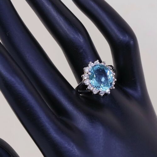 Sz 8.25, Vtg Sterling Silver Cocktail Ring, 925 W Blue topaz N Cz Around