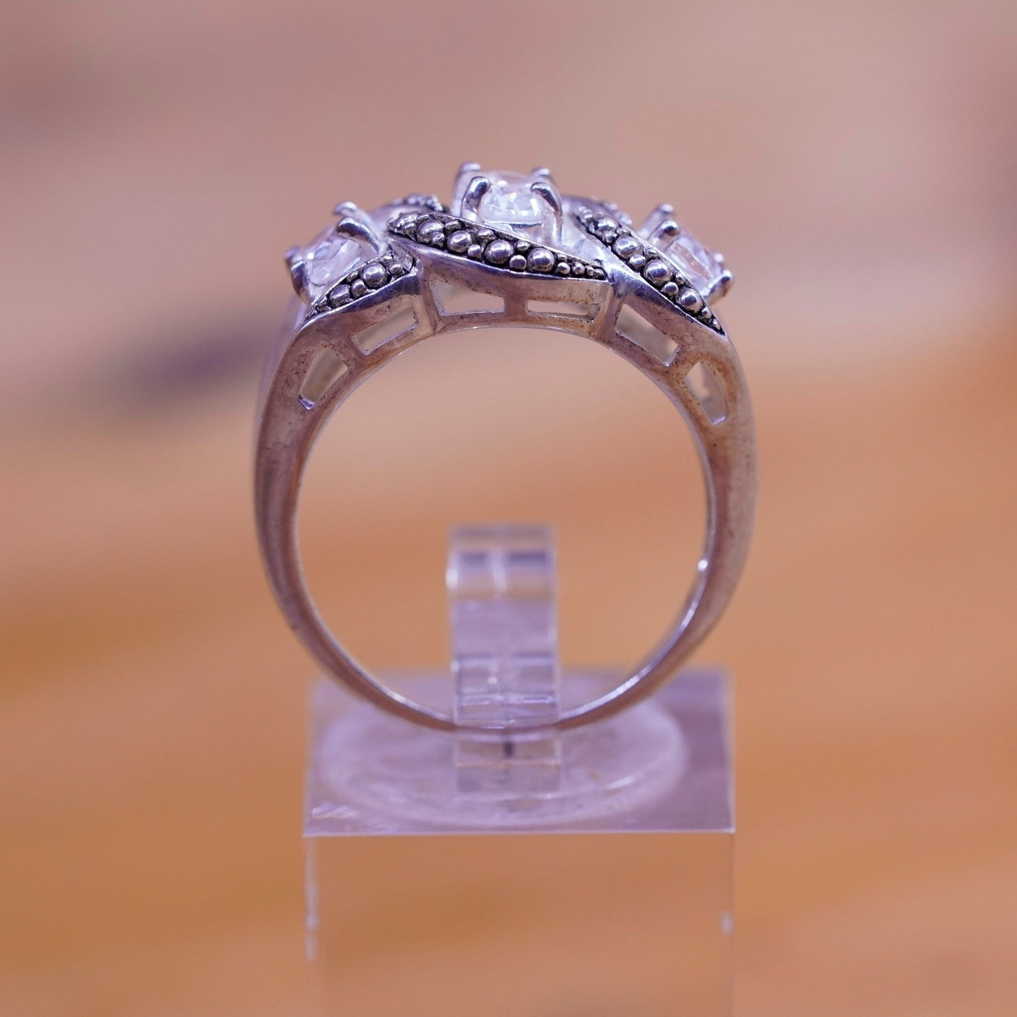 Size 8, vintage Sterling 925 silver engagement ring with cz and beads