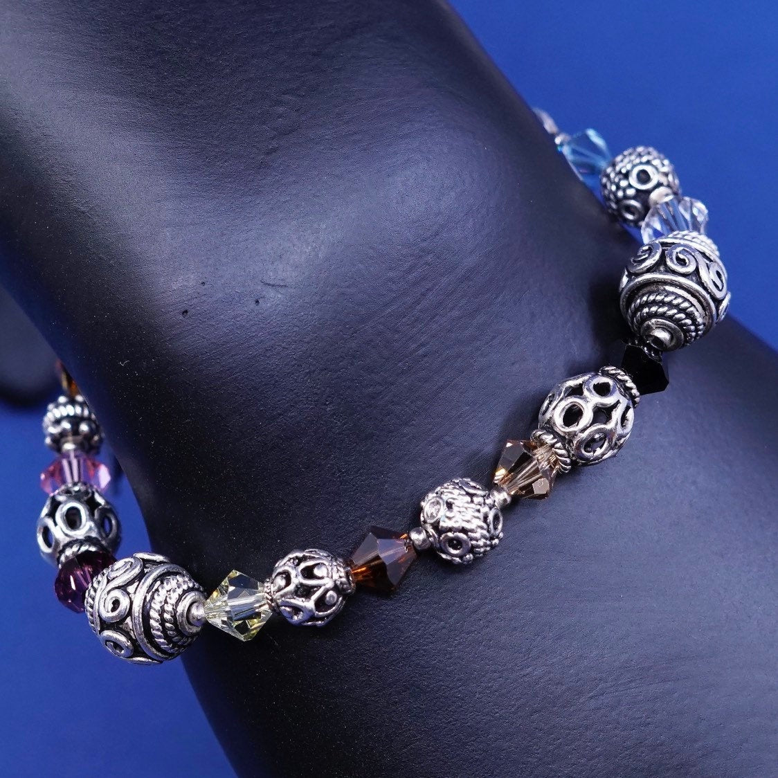 6.5", vtg Sterling 925 silver handmade bracelet w/ Crystal beads N cross charm