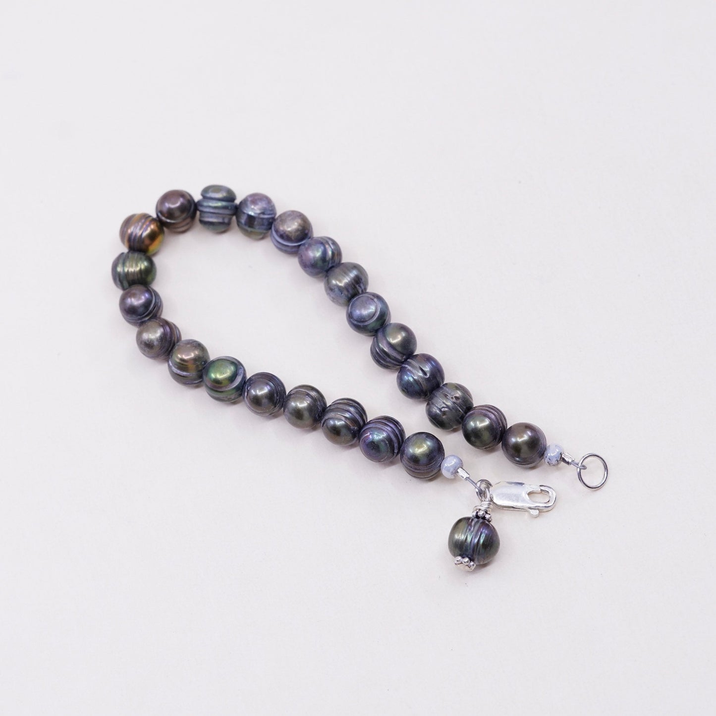 7”, Vintage handmade bracelet, black pearl beads with 925 sterling silver clasp