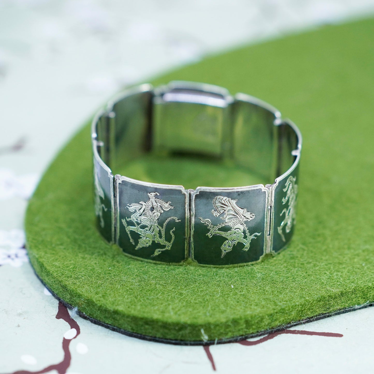 6.5”, Vintage Indian Siam 925 sterling silver wide bracelet engraved goddess